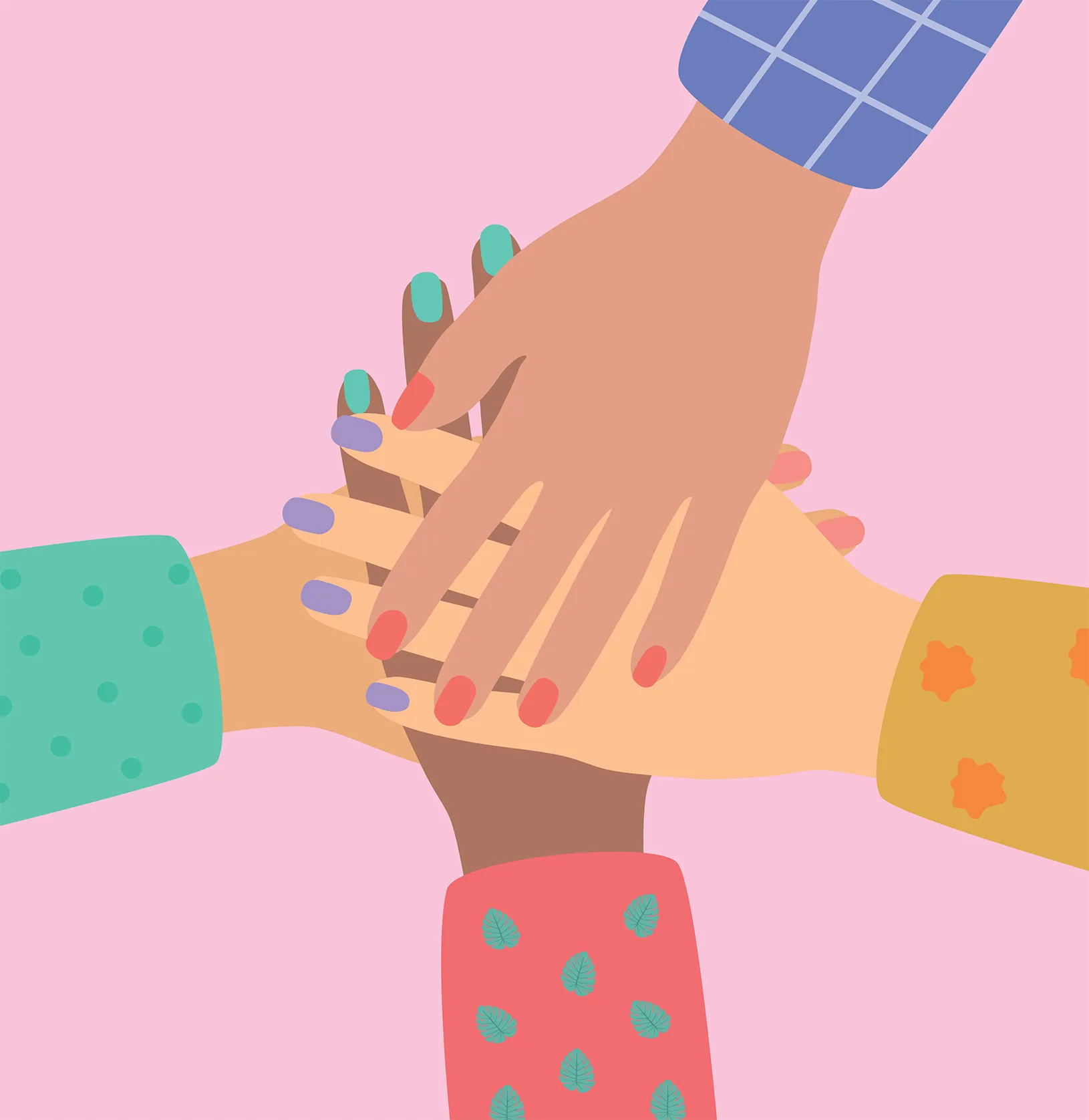 Illustration of four hands with different skin tones, each wearing a different colored sleeve, stacked together in a show of unity against a pink background.